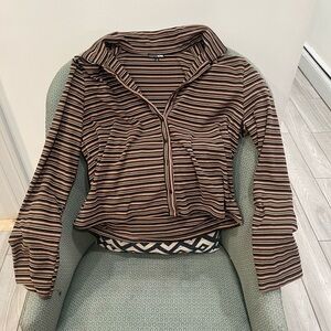 Fashion Nova Brown Black Cream Striped Long Sleeve Polo Top